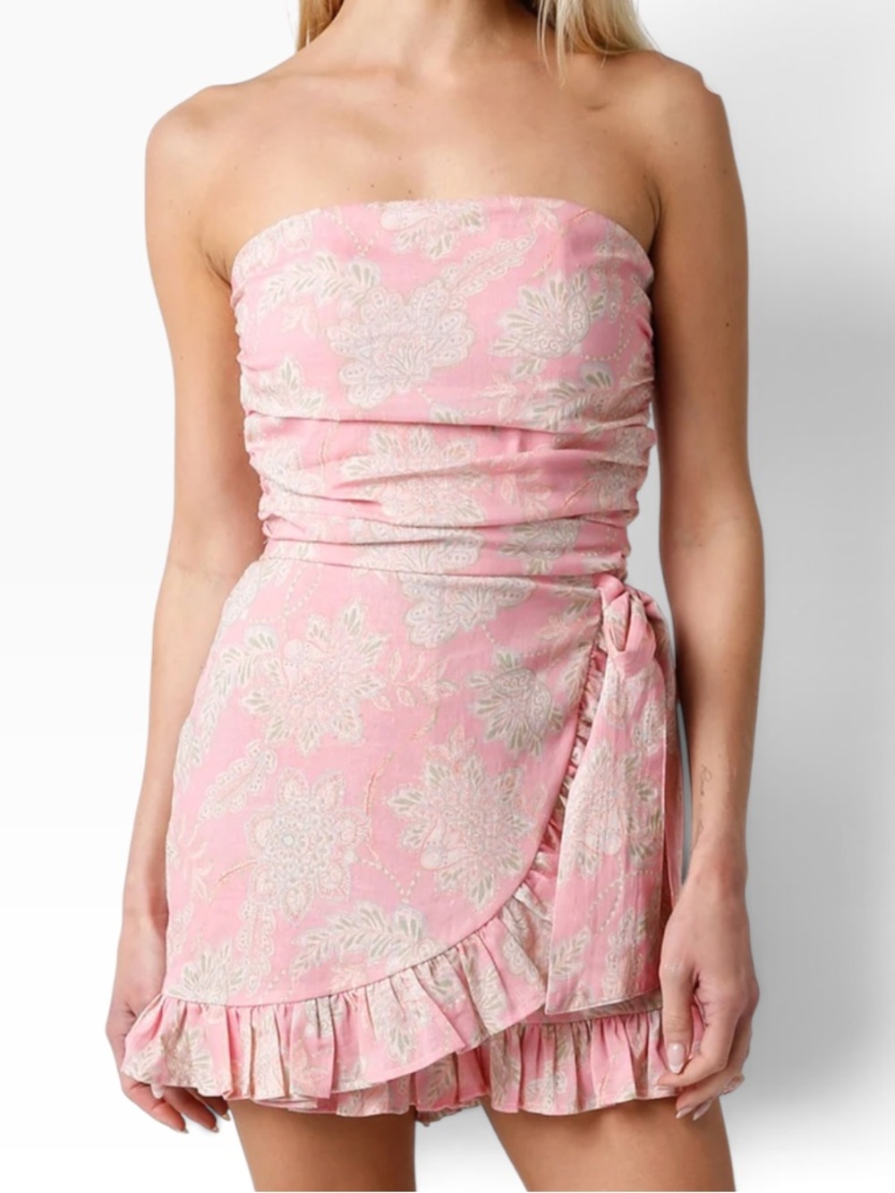 Olivaceous "Amy" Strapless Pink Floral Ruffle Romper S